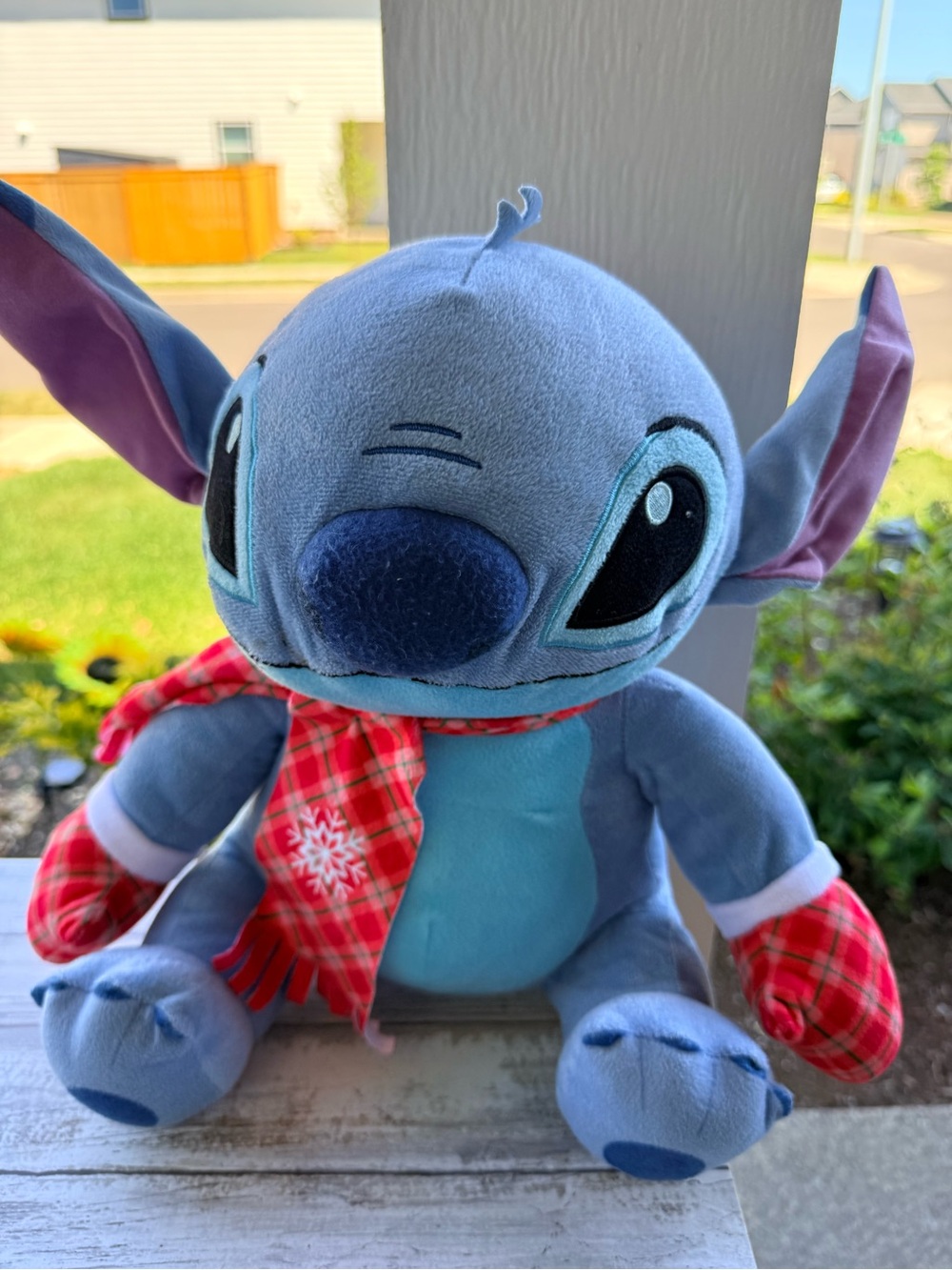 Disney Light Blue Stitch Plush with Red Plaid Scarf and Mittens